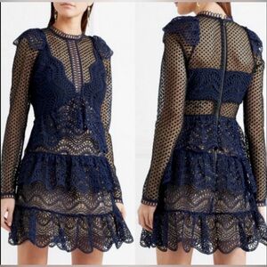 Self-Portrait Lace Guipure Cap Sleeves Mini Dress in Navy Blue with Black Size 4